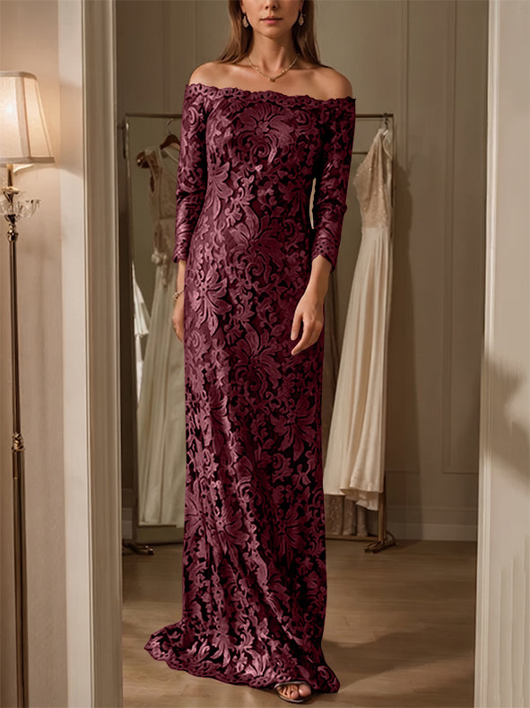 Sheath/Column Off-the-Shoulder Lace Mother of the Bride Dresses 3/4 Sleeves Floor-Length