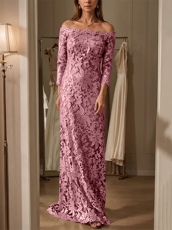 Sheath/Column Off-the-Shoulder Lace Mother of the Bride Dresses 3/4 Sleeves Floor-Length