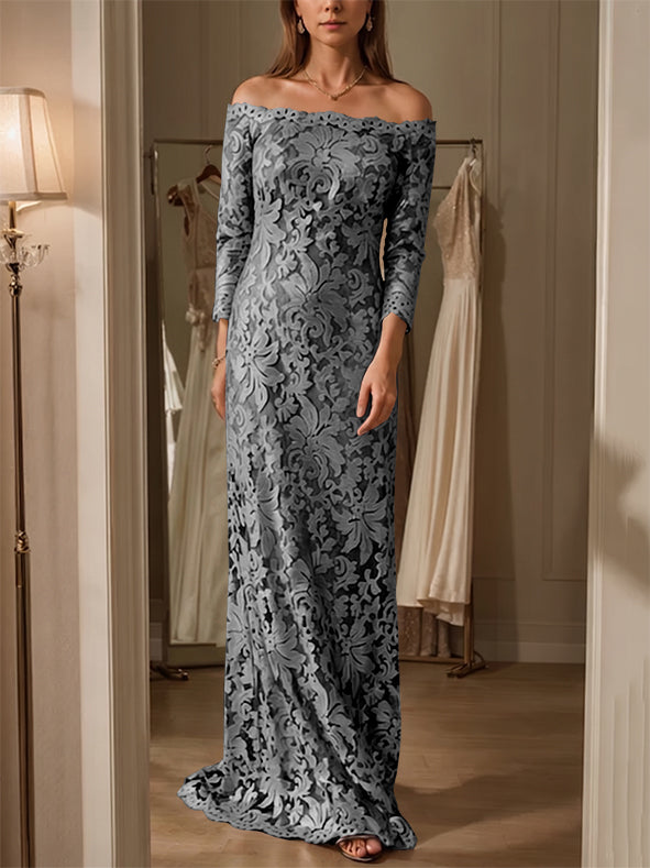 Sheath/Column Off-the-Shoulder Lace Mother of the Bride Dresses 3/4 Sleeves Floor-Length