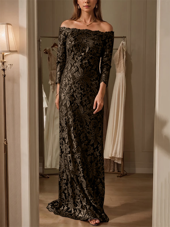 Sheath/Column Off-the-Shoulder Lace Mother of the Bride Dresses 3/4 Sleeves Floor-Length