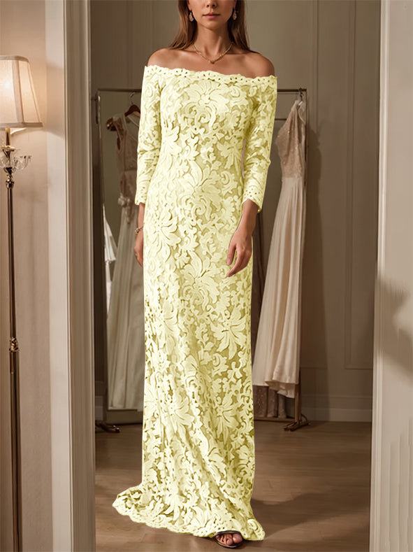 Sheath/Column Off-the-Shoulder Lace Mother of the Bride Dresses 3/4 Sleeves Floor-Length