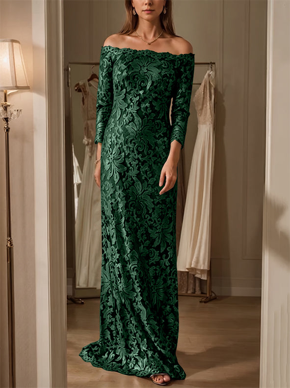 Sheath/Column Off-the-Shoulder Lace Mother of the Bride Dresses 3/4 Sleeves Floor-Length