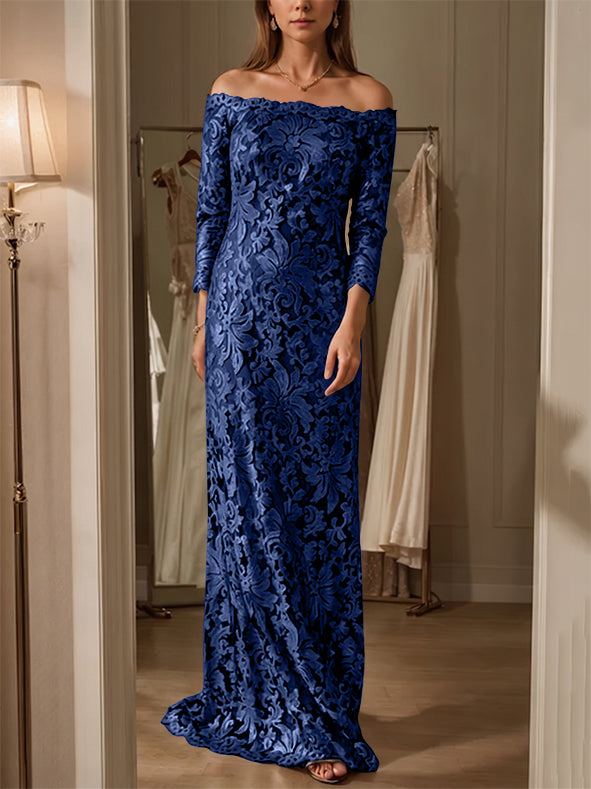 Sheath/Column Off-the-Shoulder Lace Mother of the Bride Dresses 3/4 Sleeves Floor-Length