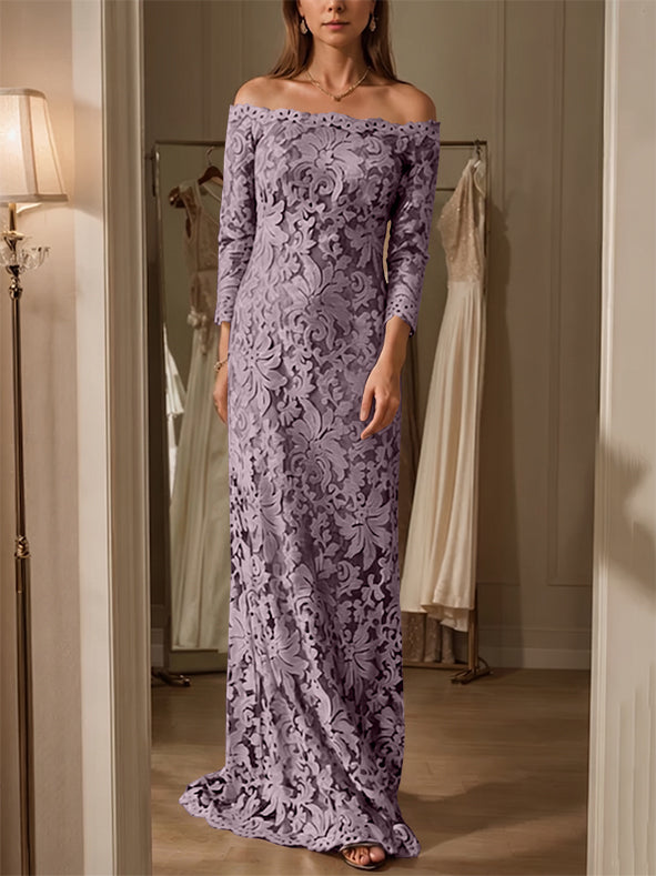 Sheath/Column Off-the-Shoulder Lace Mother of the Bride Dresses 3/4 Sleeves Floor-Length