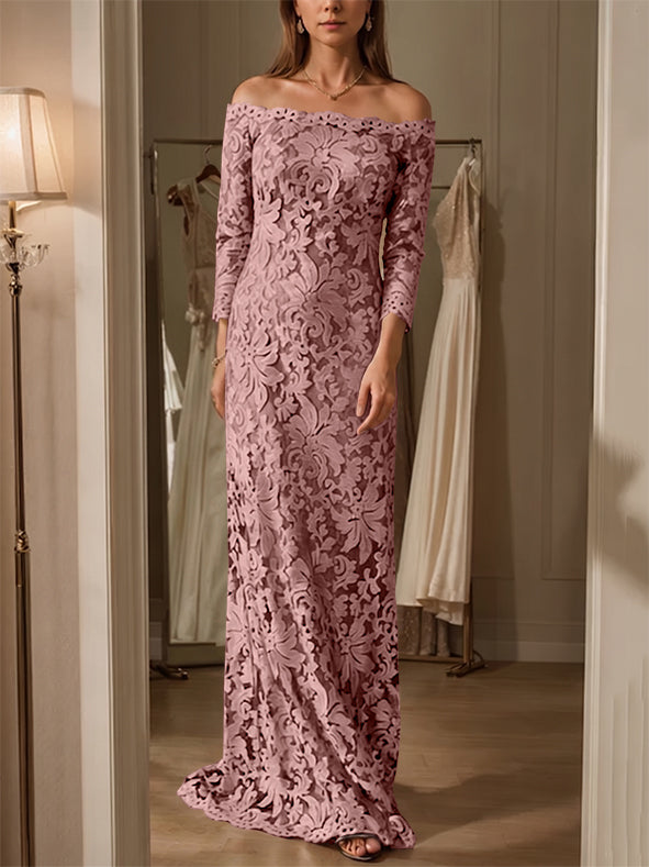 Sheath/Column Off-the-Shoulder Lace Mother of the Bride Dresses 3/4 Sleeves Floor-Length