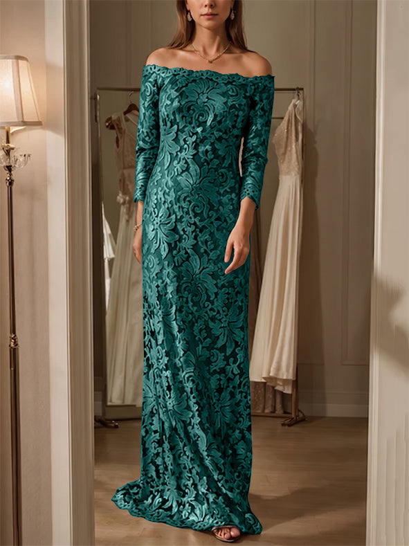 Sheath/Column Off-the-Shoulder Lace Mother of the Bride Dresses 3/4 Sleeves Floor-Length
