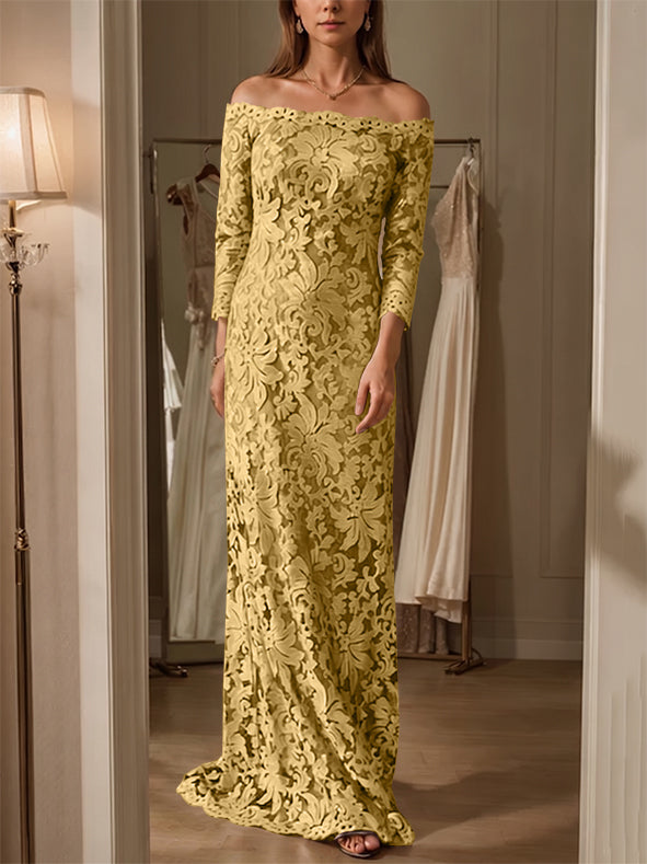 Sheath/Column Off-the-Shoulder Lace Mother of the Bride Dresses 3/4 Sleeves Floor-Length