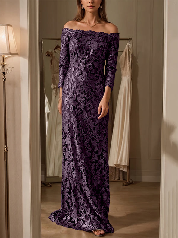 Sheath/Column Off-the-Shoulder Lace Mother of the Bride Dresses 3/4 Sleeves Floor-Length