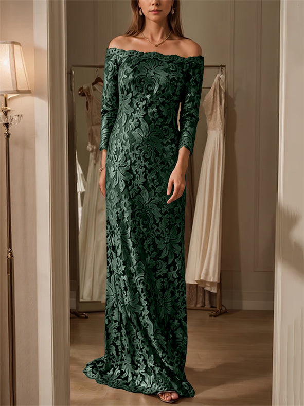 Sheath/Column Off-the-Shoulder Lace Mother of the Bride Dresses 3/4 Sleeves Floor-Length