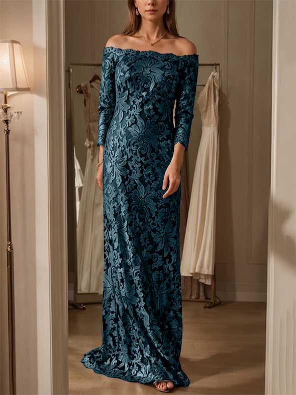 Sheath/Column Off-the-Shoulder Lace Mother of the Bride Dresses 3/4 Sleeves Floor-Length