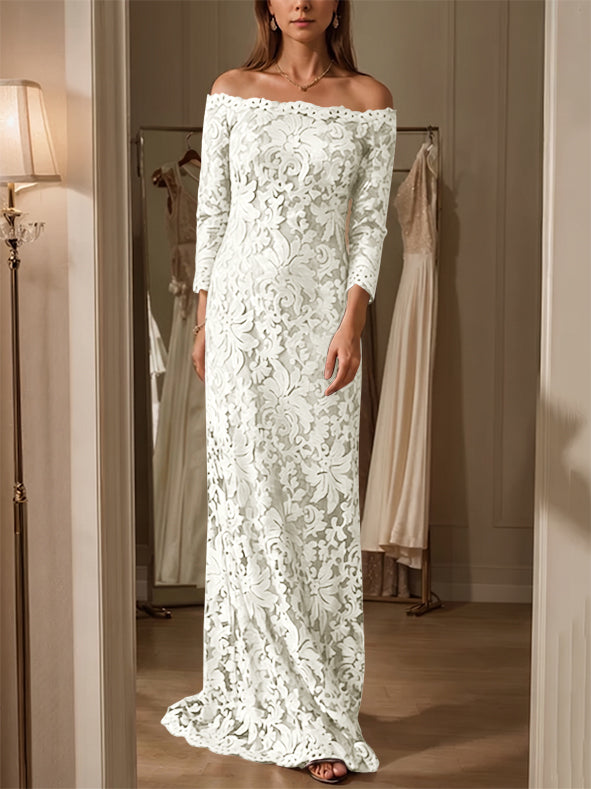 Sheath/Column Off-the-Shoulder Lace Mother of the Bride Dresses 3/4 Sleeves Floor-Length