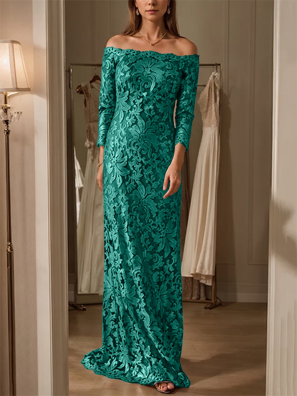 Sheath/Column Off-the-Shoulder Lace Mother of the Bride Dresses 3/4 Sleeves Floor-Length