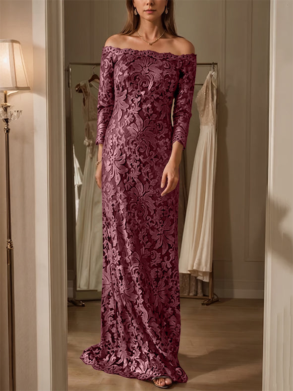 Sheath/Column Off-the-Shoulder Lace Mother of the Bride Dresses 3/4 Sleeves Floor-Length