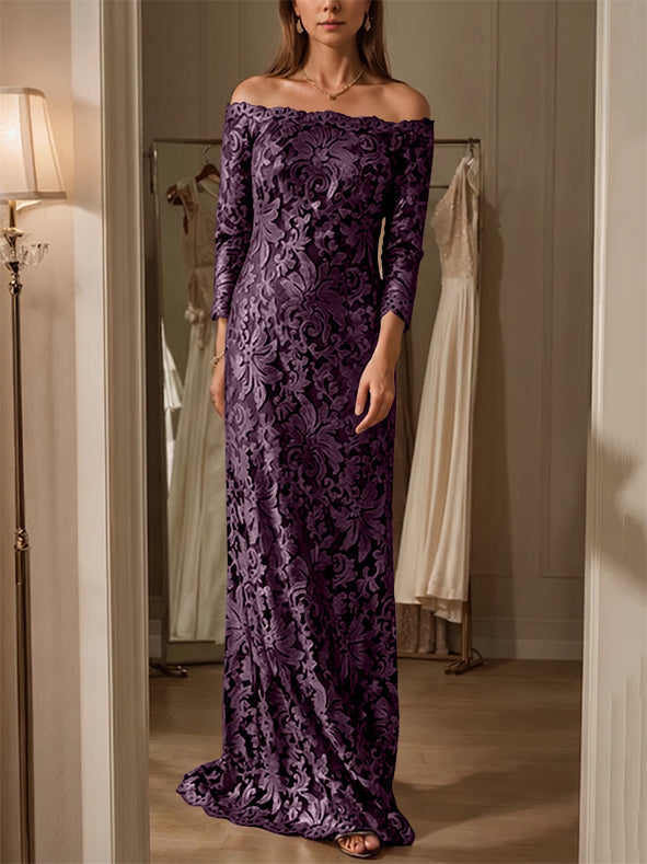 Sheath/Column Off-the-Shoulder Lace Mother of the Bride Dresses 3/4 Sleeves Floor-Length