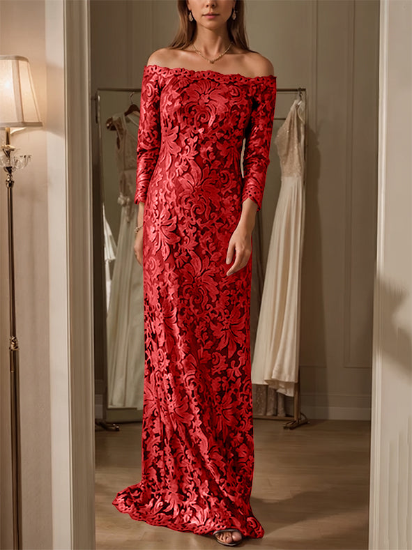 Sheath/Column Off-the-Shoulder Lace Mother of the Bride Dresses 3/4 Sleeves Floor-Length