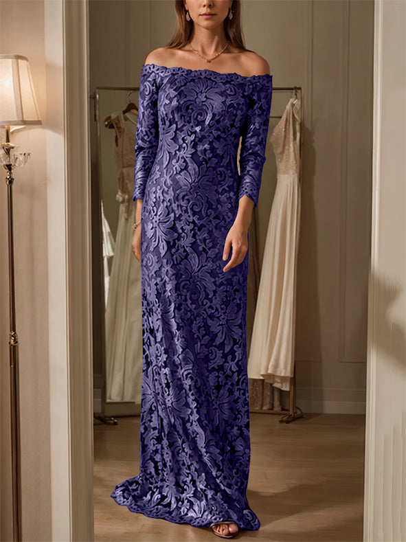 Sheath/Column Off-the-Shoulder Lace Mother of the Bride Dresses 3/4 Sleeves Floor-Length
