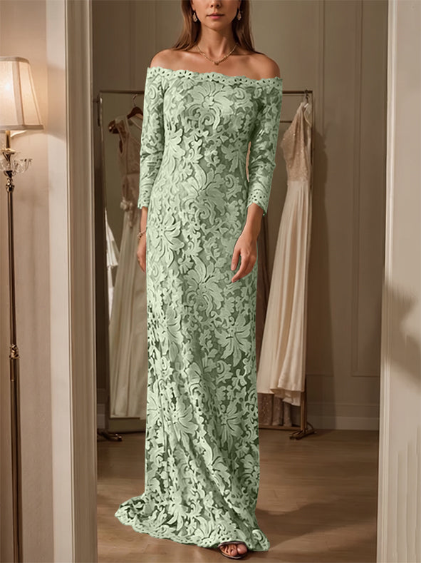 Sheath/Column Off-the-Shoulder Lace Mother of the Bride Dresses 3/4 Sleeves Floor-Length