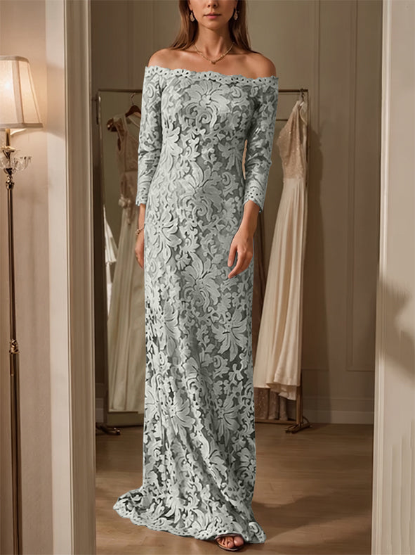 Sheath/Column Off-the-Shoulder Lace Mother of the Bride Dresses 3/4 Sleeves Floor-Length