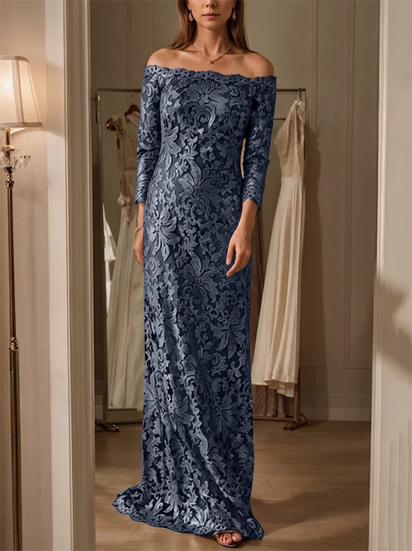 Sheath/Column Off-the-Shoulder Lace Mother of the Bride Dresses 3/4 Sleeves Floor-Length