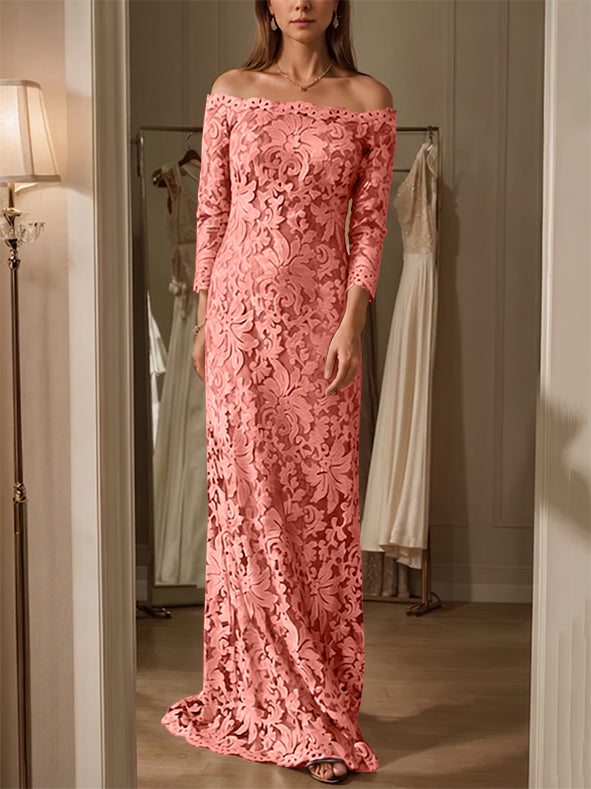 Sheath/Column Off-the-Shoulder Lace Mother of the Bride Dresses 3/4 Sleeves Floor-Length