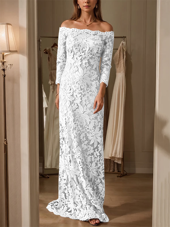 Sheath/Column Off-the-Shoulder Lace Mother of the Bride Dresses 3/4 Sleeves Floor-Length