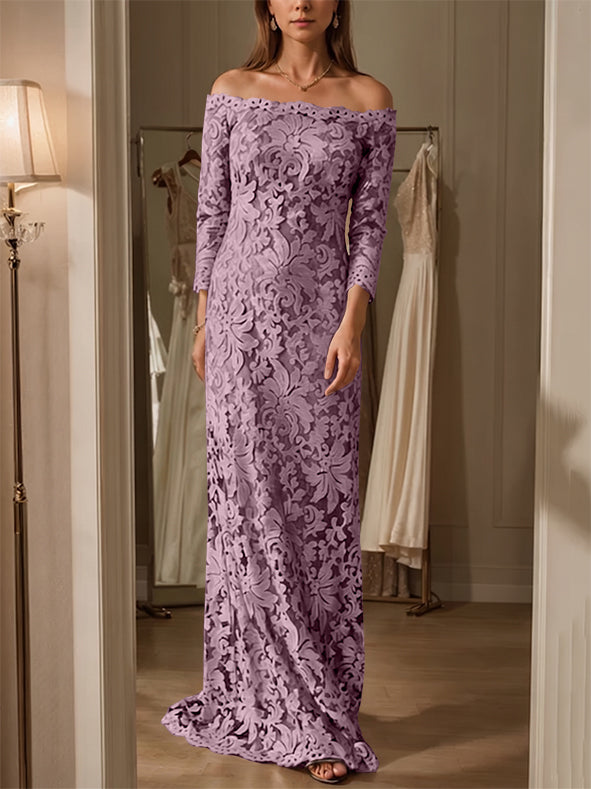Sheath/Column Off-the-Shoulder Lace Mother of the Bride Dresses 3/4 Sleeves Floor-Length
