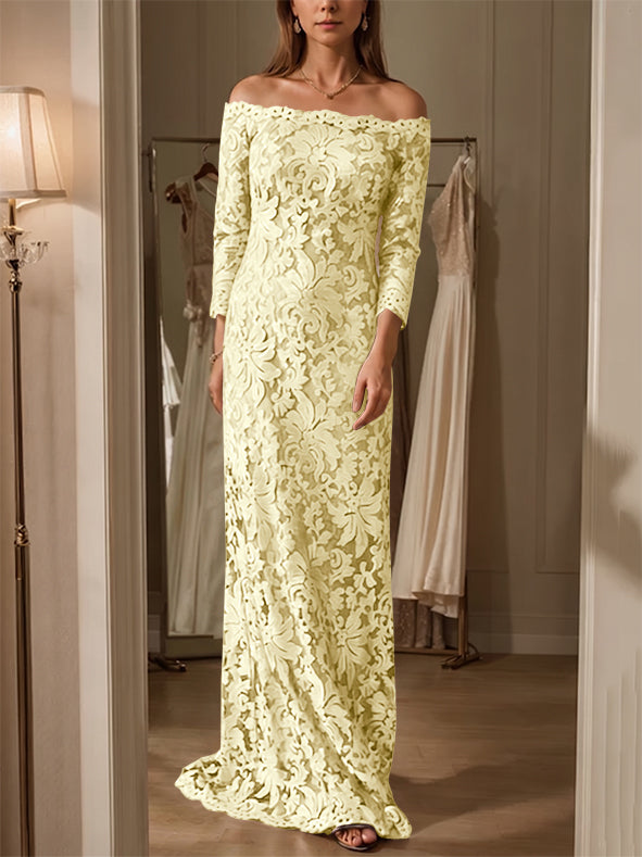 Sheath/Column Off-the-Shoulder Lace Mother of the Bride Dresses 3/4 Sleeves Floor-Length