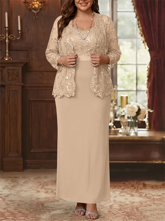 Sheath/Column Scoop Chiffon Plus Size Mother of the Bride Dresses with Jacket Lace Ankle-Length Long Sleeves