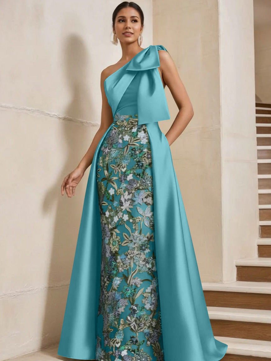 Sheath/Column One-Shoulder Satin Mother of the Bride Dresses with Overskirt Sleeveless Floral Floor-Length Bow