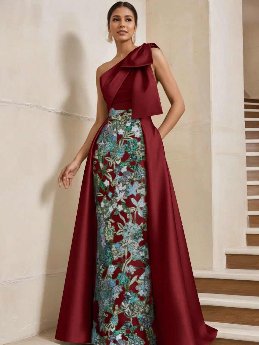 Sheath/Column One-Shoulder Satin Mother of the Bride Dresses with Overskirt Sleeveless Floral Floor-Length Bow