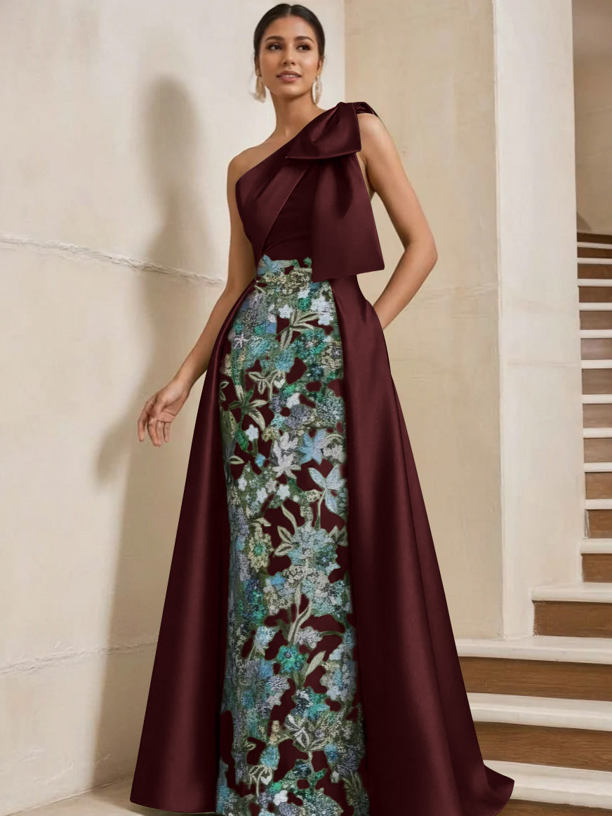 Sheath/Column One-Shoulder Satin Mother of the Bride Dresses with Overskirt Sleeveless Floor-Length Bow