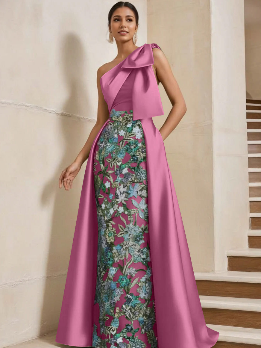 Sheath/Column One-Shoulder Satin Mother of the Bride Dresses with Overskirt Sleeveless Floor-Length Bow