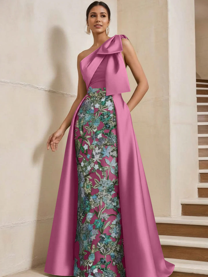 Sheath/Column One-Shoulder Satin Mother of the Bride Dresses with Overskirt Sleeveless Floor-Length Bow