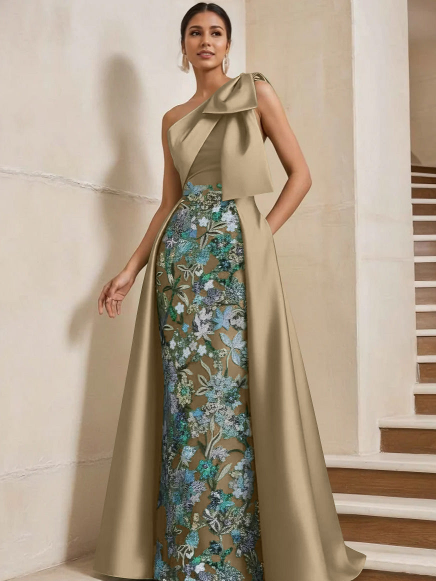 Sheath/Column One-Shoulder Satin Mother of the Bride Dresses with Overskirt Sleeveless Floral Floor-Length Bow