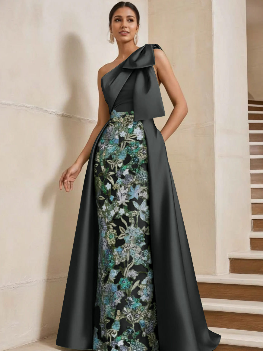 Sheath/Column One-Shoulder Satin Mother of the Bride Dresses with Overskirt Sleeveless Floor-Length Bow