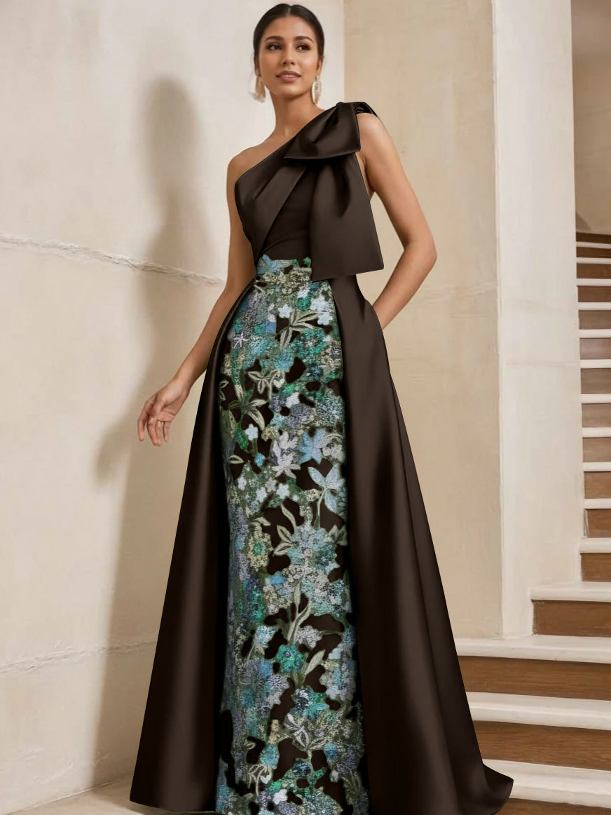 Sheath/Column One-Shoulder Satin Mother of the Bride Dresses with Overskirt Sleeveless Floor-Length Bow