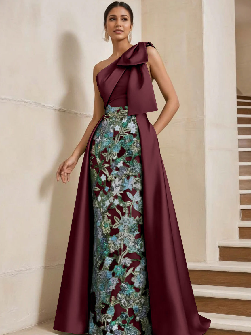 Sheath/Column One-Shoulder Satin Mother of the Bride Dresses with Overskirt Sleeveless Floor-Length Bow