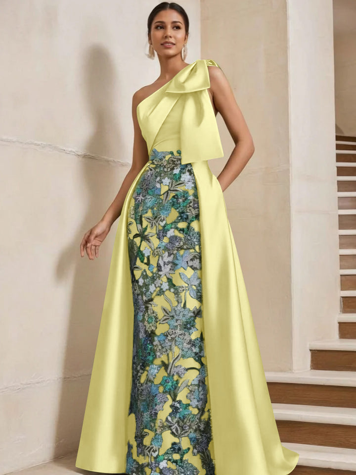 Sheath/Column One-Shoulder Satin Mother of the Bride Dresses with Overskirt Sleeveless Floor-Length Bow