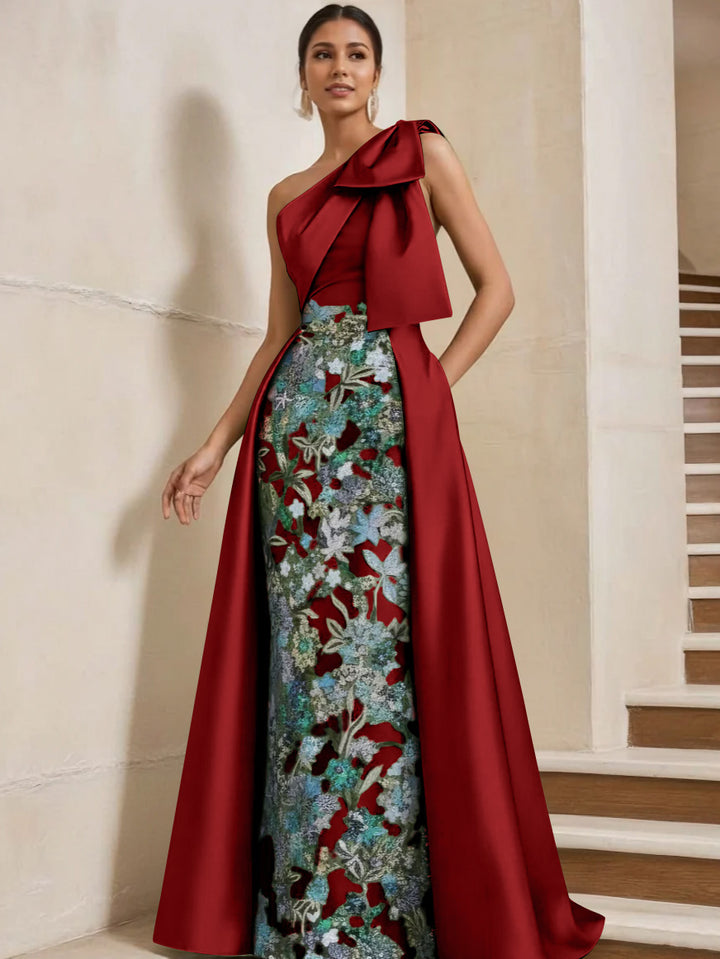 Sheath/Column One-Shoulder Satin Mother of the Bride Dresses with Overskirt Sleeveless Floor-Length Bow