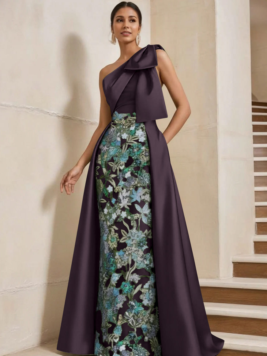 Sheath/Column One-Shoulder Satin Mother of the Bride Dresses with Overskirt Sleeveless Floor-Length Bow