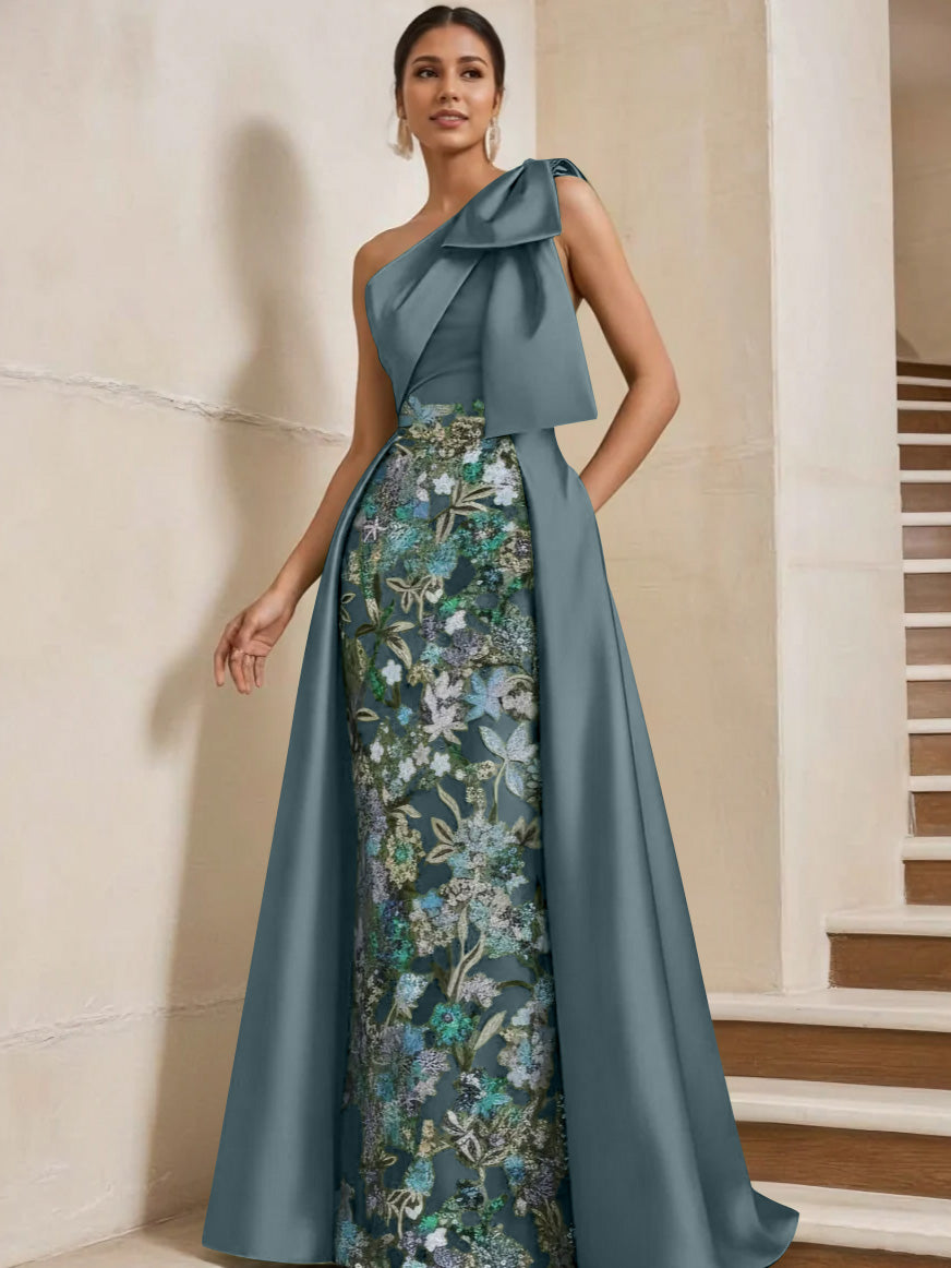 Sheath/Column One-Shoulder Satin Mother of the Bride Dresses with Overskirt Sleeveless Floor-Length Bow