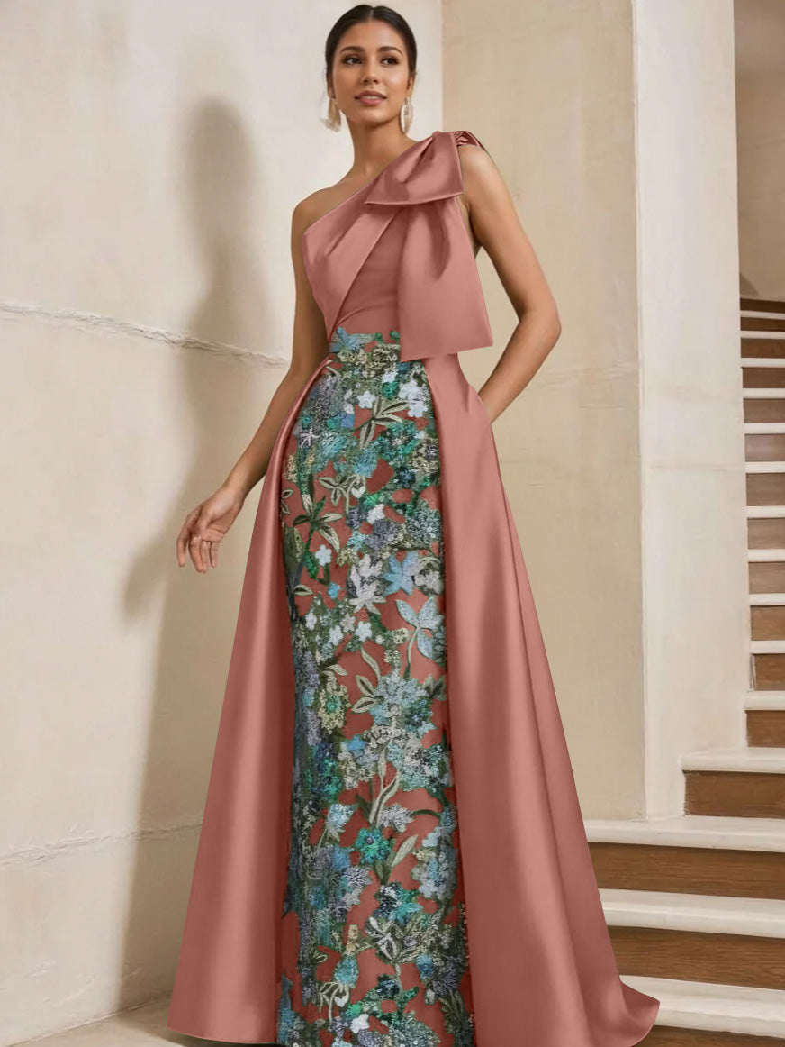 Sheath/Column One-Shoulder Satin Mother of the Bride Dresses with Overskirt Sleeveless Floral Floor-Length Bow