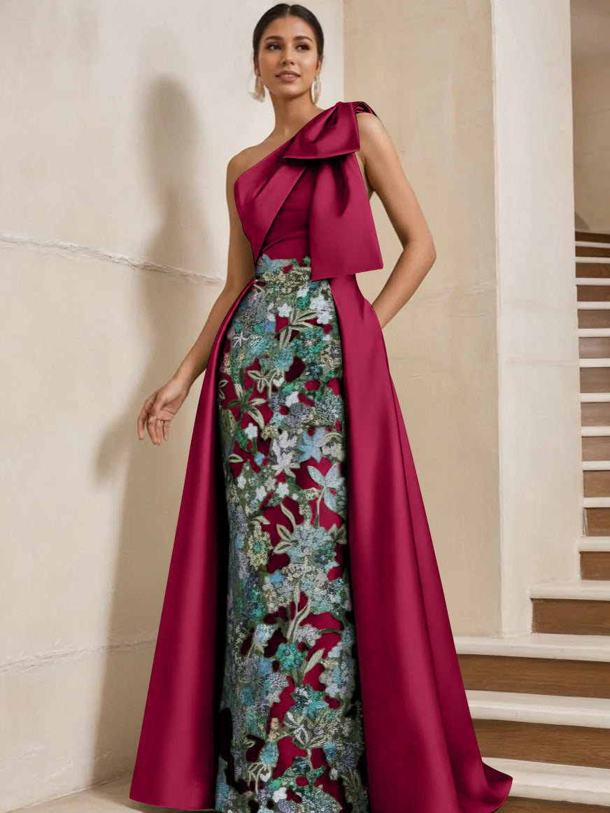 Sheath/Column One-Shoulder Satin Mother of the Bride Dresses with Overskirt Sleeveless Floor-Length Bow