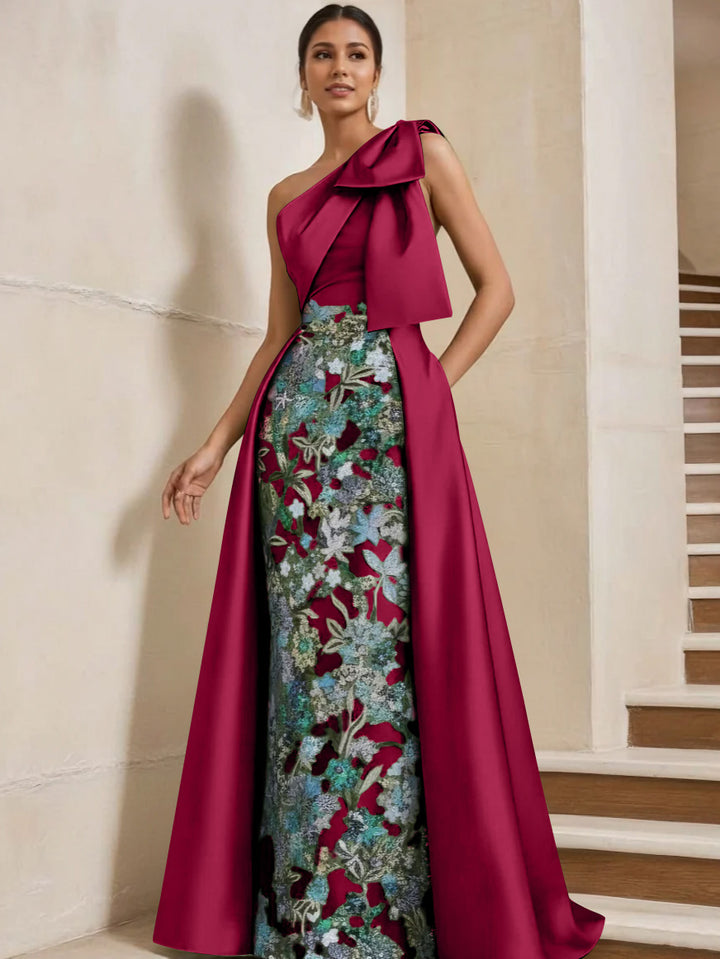 Sheath/Column One-Shoulder Satin Mother of the Bride Dresses with Overskirt Sleeveless Floor-Length Bow