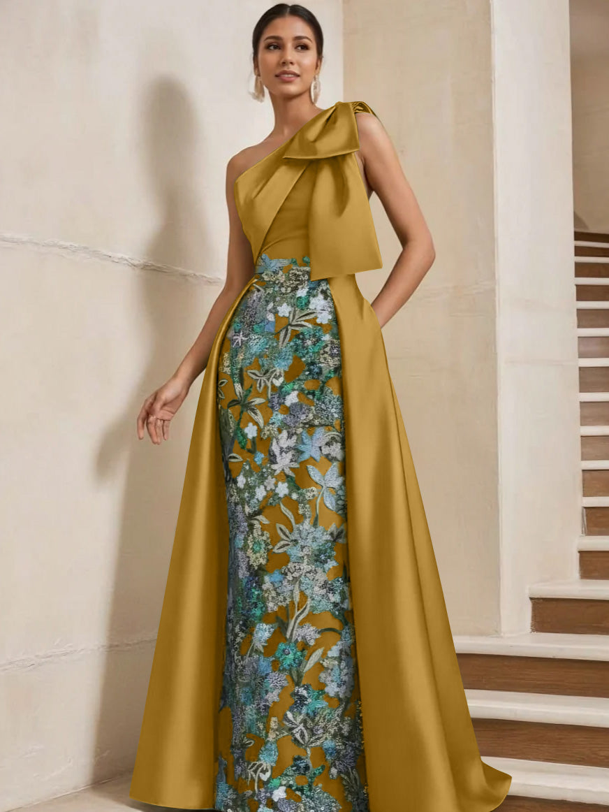 Sheath/Column One-Shoulder Satin Mother of the Bride Dresses with Overskirt Sleeveless Floral Floor-Length Bow