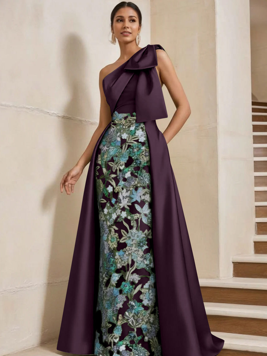 Sheath/Column One-Shoulder Satin Mother of the Bride Dresses with Overskirt Sleeveless Floor-Length Bow