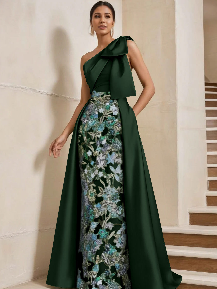 Sheath/Column One-Shoulder Satin Mother of the Bride Dresses with Overskirt Sleeveless Floor-Length Bow