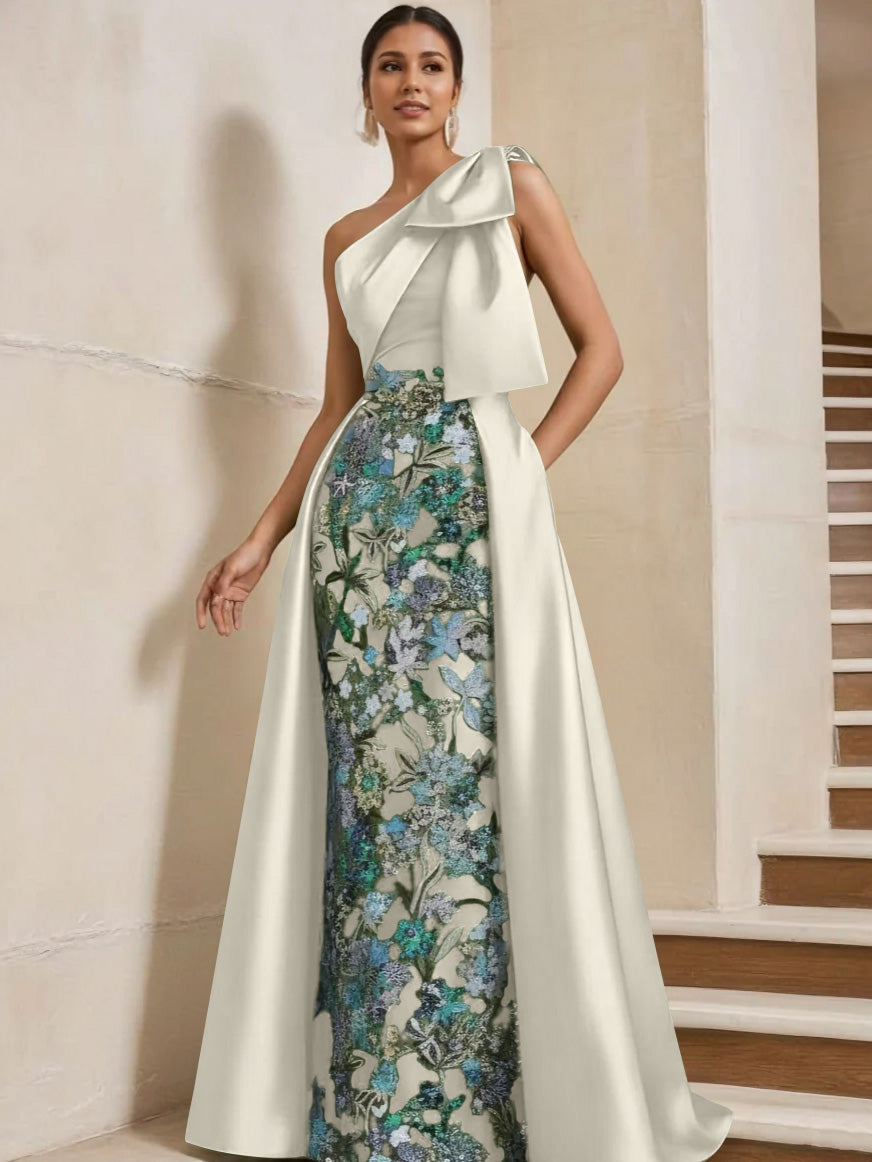 Sheath/Column One-Shoulder Satin Mother of the Bride Dresses with Overskirt Sleeveless Floor-Length Bow