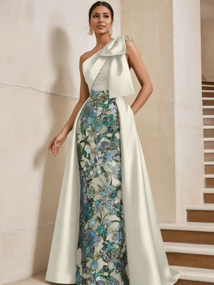 Sheath/Column One-Shoulder Satin Mother of the Bride Dresses with Overskirt Sleeveless Floor-Length Bow