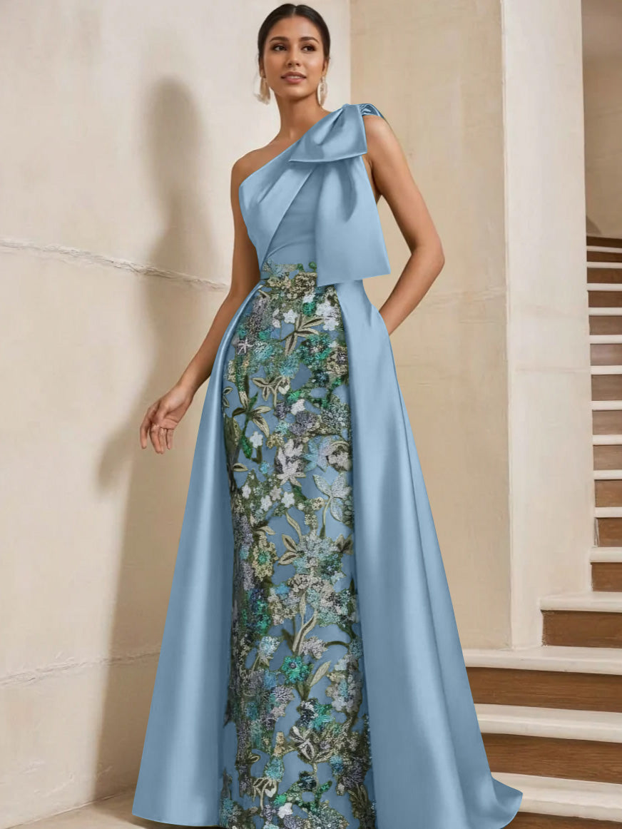 Sheath/Column One-Shoulder Satin Mother of the Bride Dresses with Overskirt Sleeveless Floral Floor-Length Bow